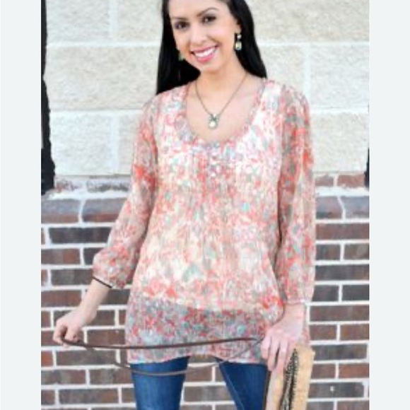 Pink 3/4 Sleeve Sheer Tunic with Relaxed Fit - Picture 1 of 9